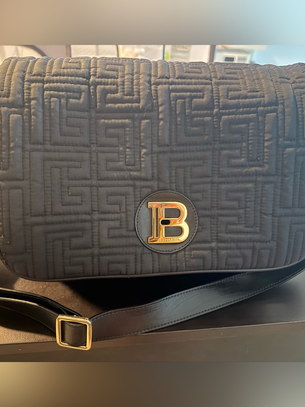 Balmain Black Quilted Messenger Bag with Gold 'B' Medallion